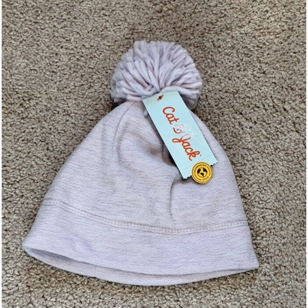 Cat & Jack Toddler Girls Purple Fleece Beanie Winter Hat with Pom Size 2T-5T‎